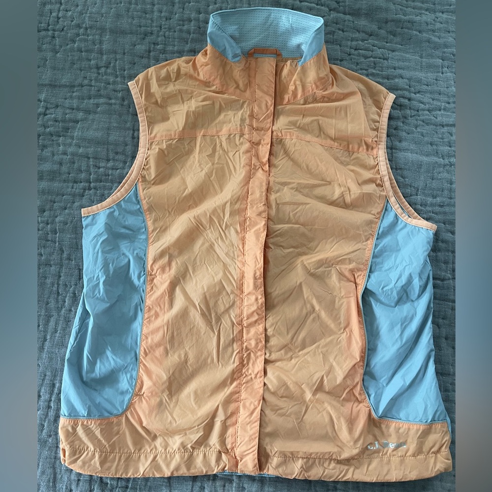 LL Bean Womens Small Full Zip Nylon Vest Jacket Pockets Orange Gray